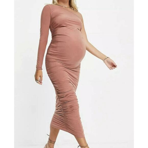 Missguided Maternity Midi Dress Womens Size 14 Pink One Shoulder Ruched Detail - Picture 8 of 8